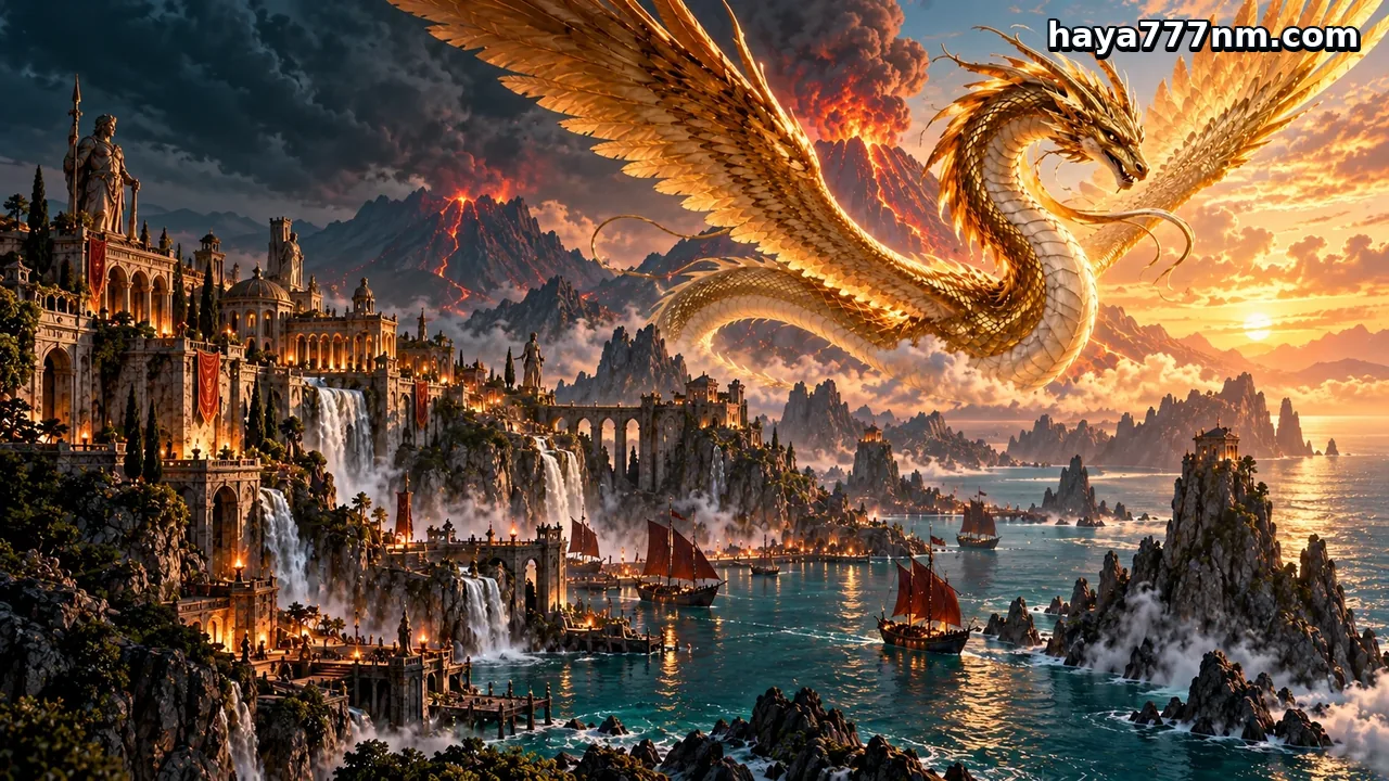 haya777 — Naga emas terbang di atas pelabuhan fantasi